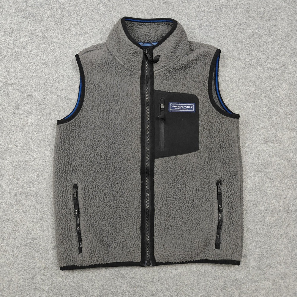 Vineyard Vines Vest Youth Small 8-10 Gray Sherpa Fleece Full Zip Logo Pockets